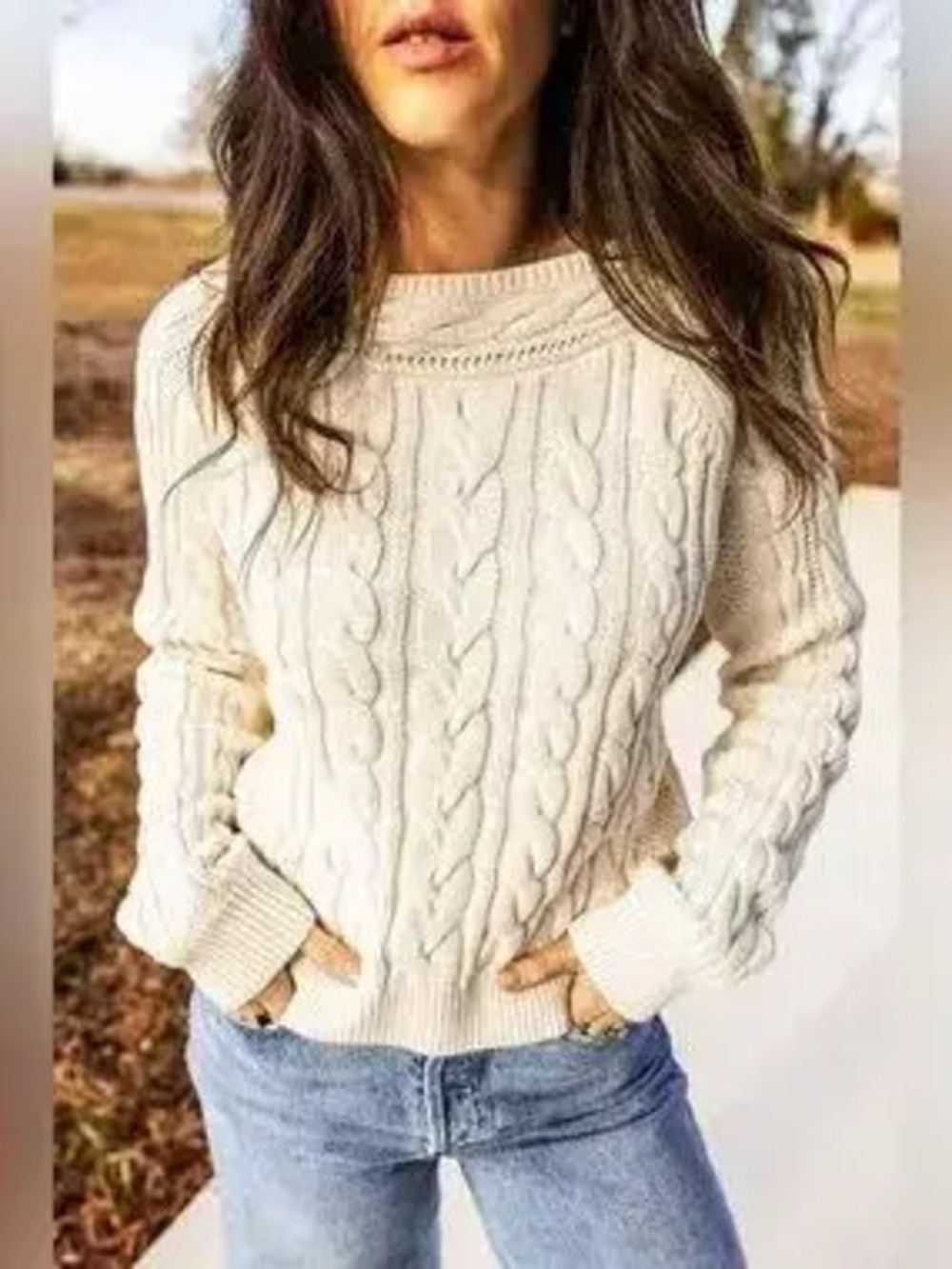 Drop Shoulder Round Neck Cable Knit Sweater - Picture 1 of 9
